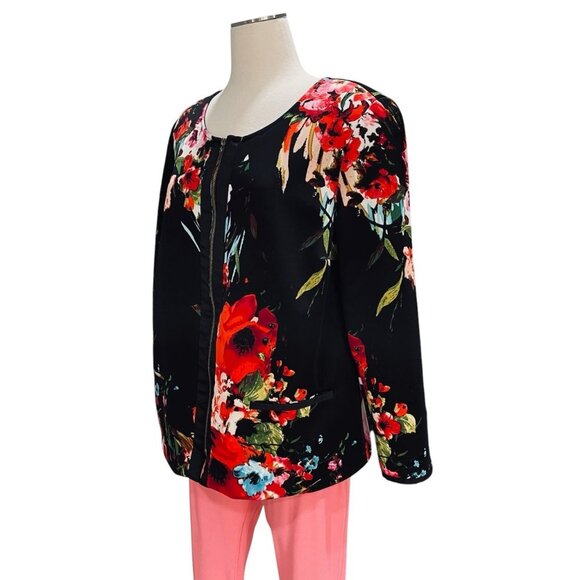 Igigi Floral Zip Jacket Womens Size 12 Black Red Poppy Print Lightweight Blazer - Picture 7 of 11
